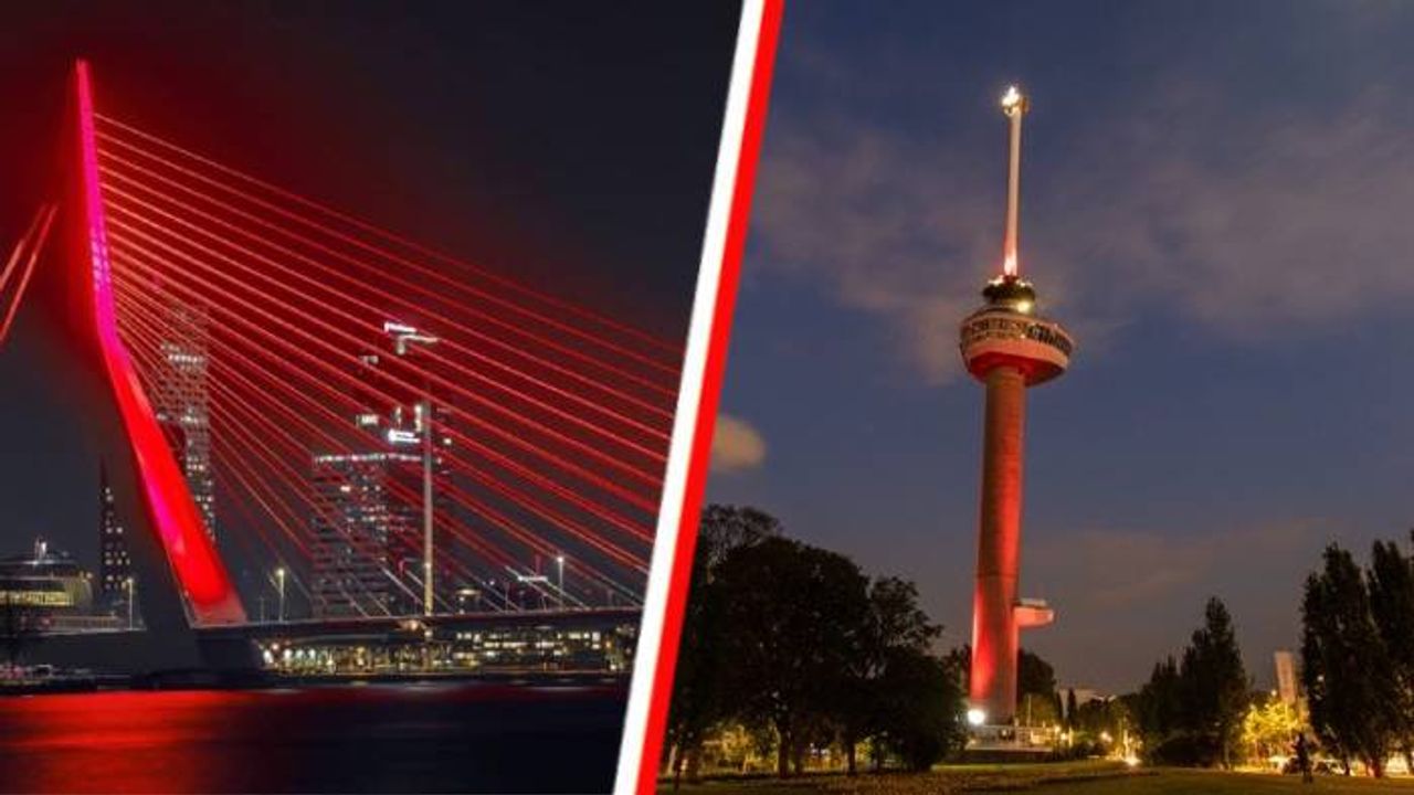 Rotterdam'da Erasmus köprüsü ve Euromast kulesi kırmızıya büründü