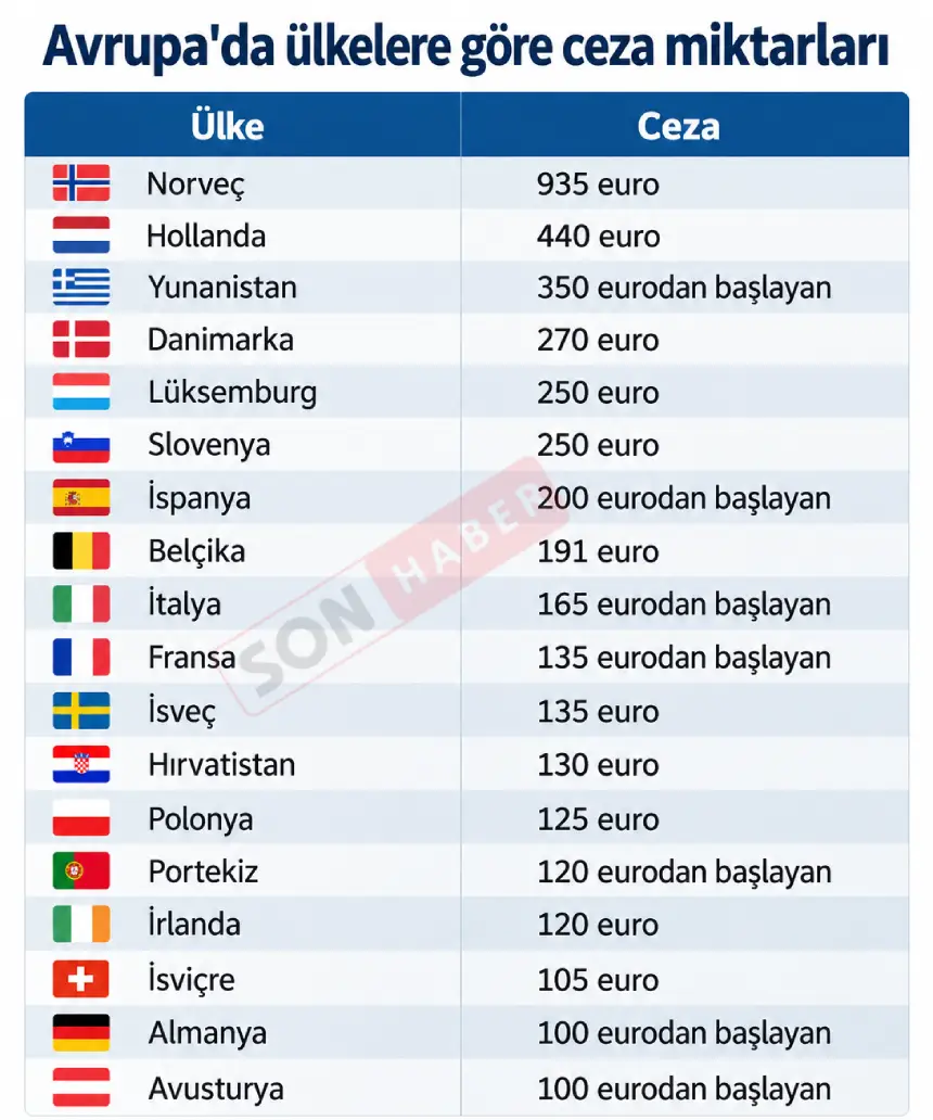 Ülkelere Göre Ceza Miktarları